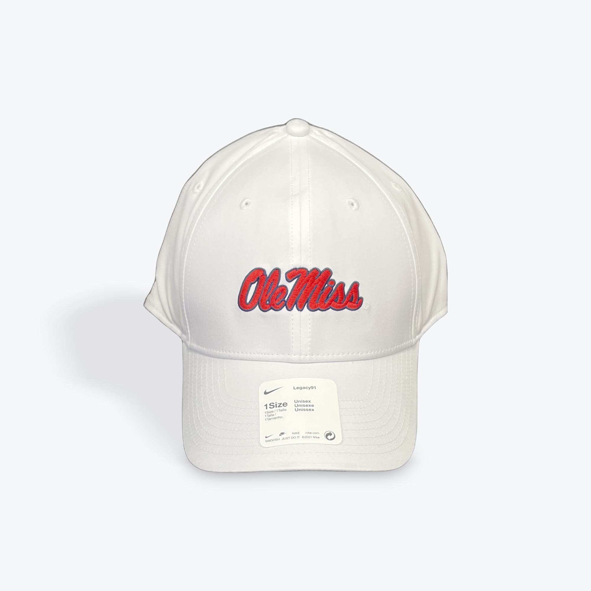 White Nike Dri Fit hat Red script Ole Miss with navy outline